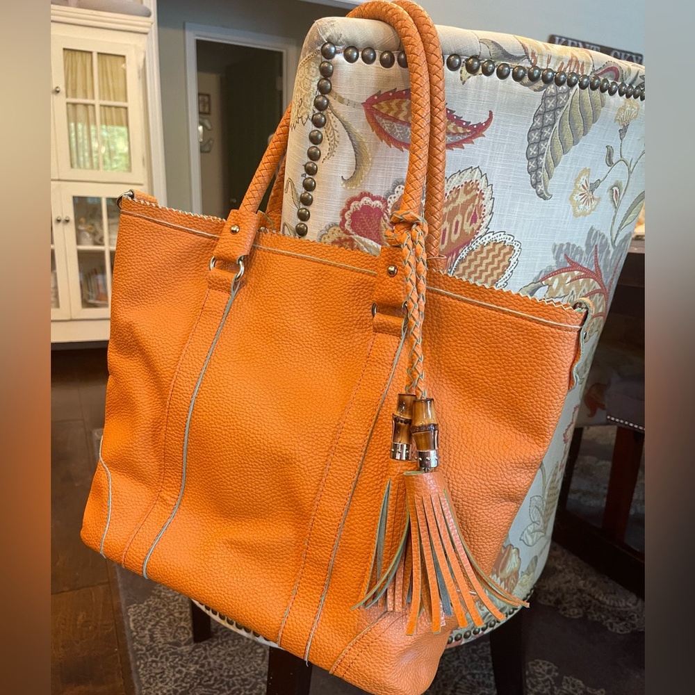 Orange Leather Tote Bag with Tassel